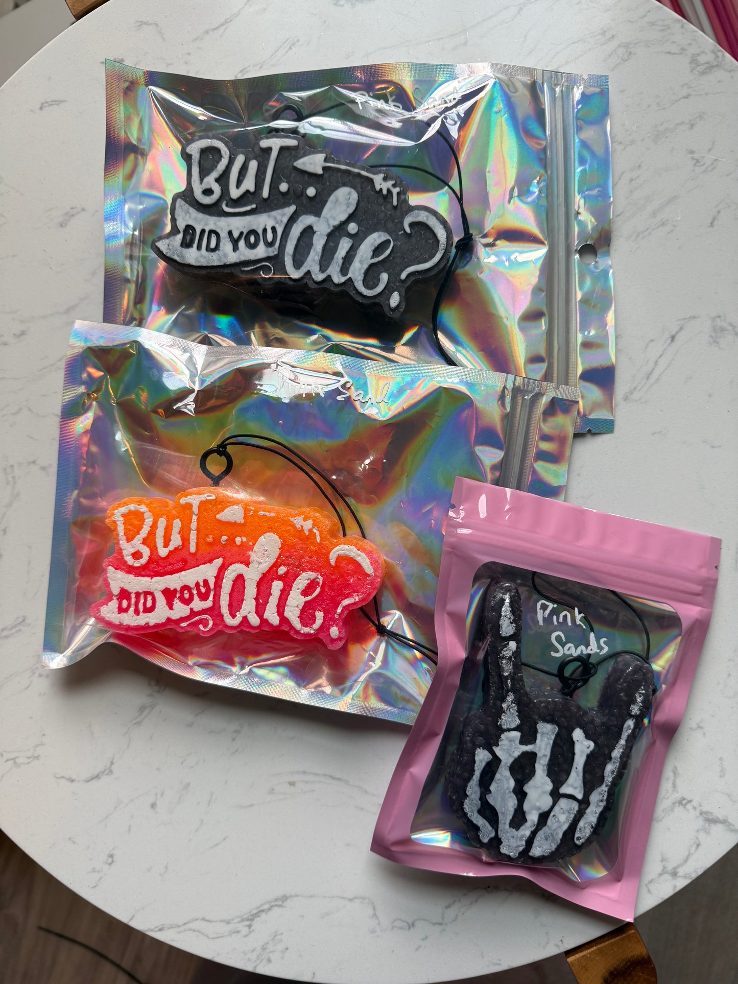 Pink Sands, rock out car freshie