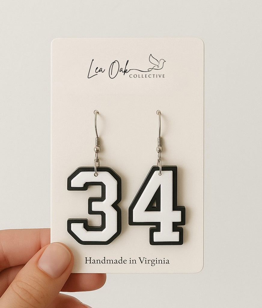Jersey number earrings (custom, acrylic)