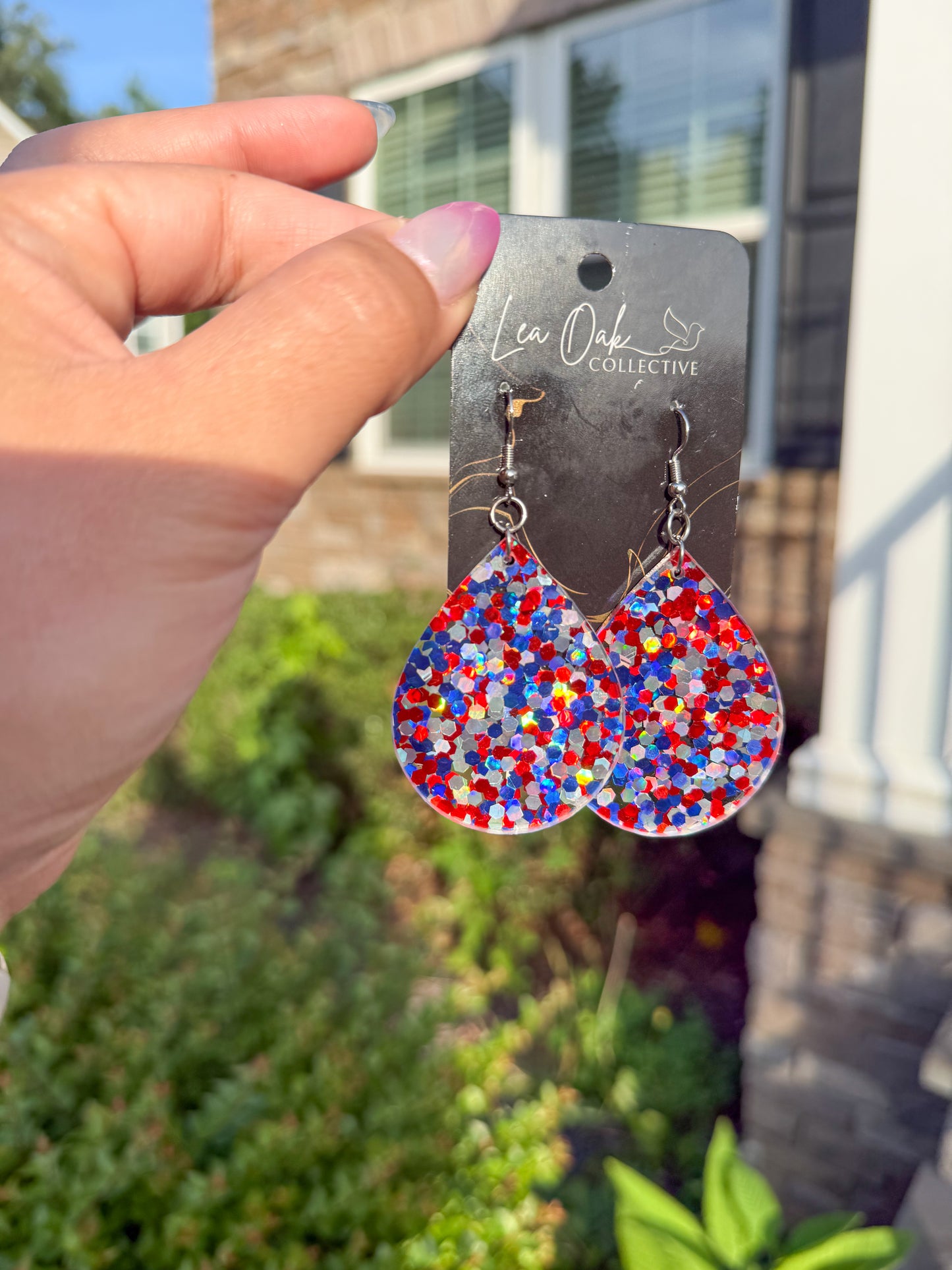 Red white and sparkle teardrop acrylic earrings