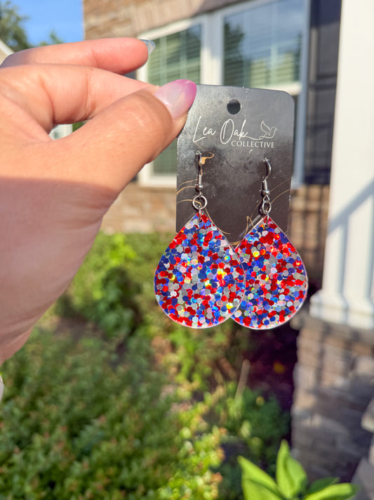 Red white and sparkle teardrop acrylic earrings
