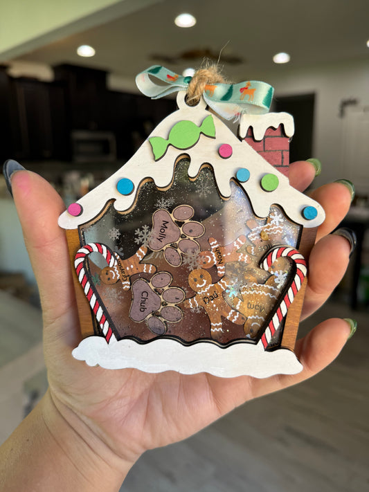 Custom gingerbread house and gingerbread family shaker ornament