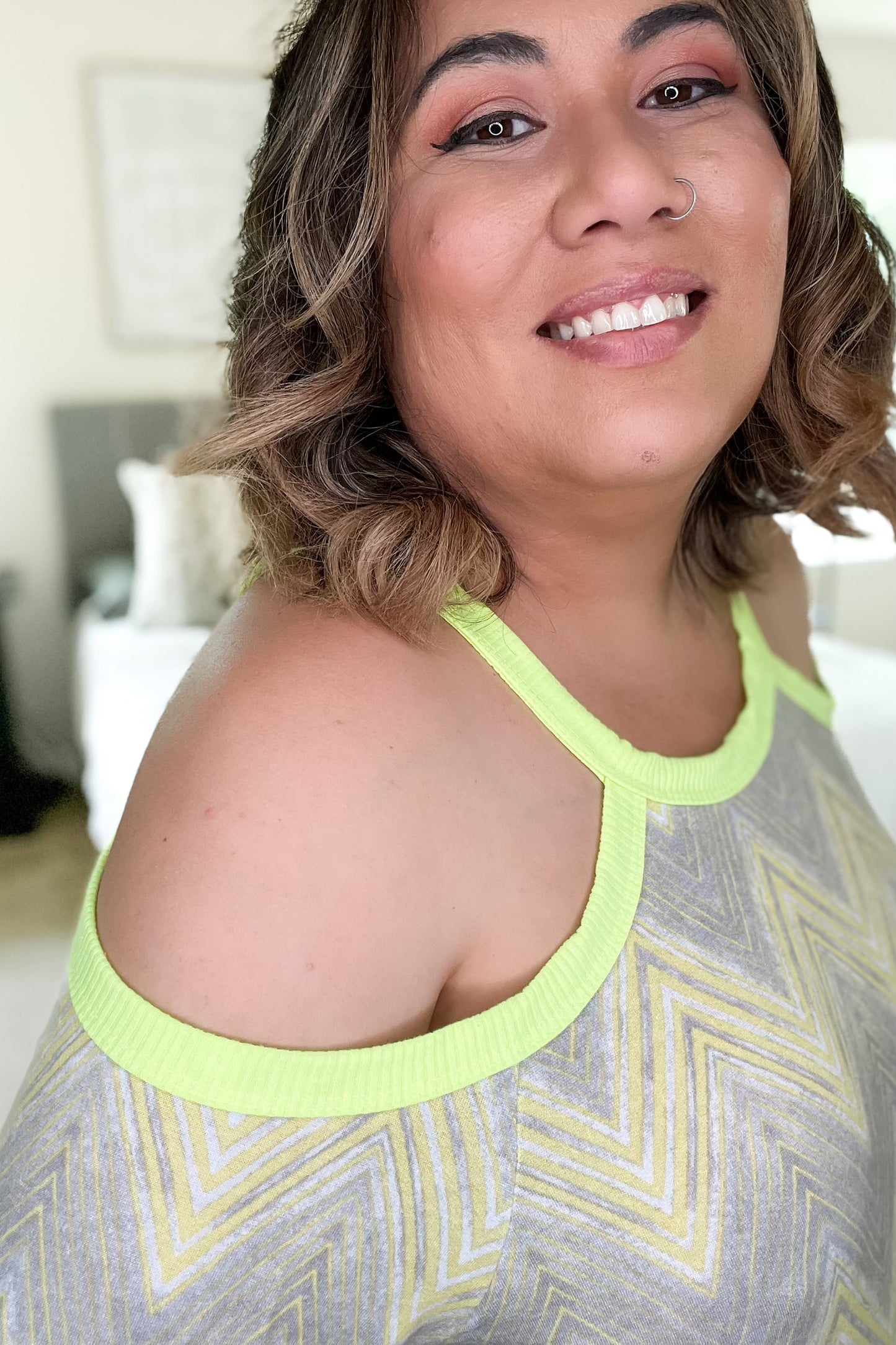 Neon yellow and chevrons off-shoulder