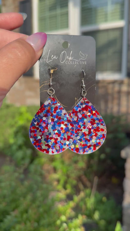 Red white and sparkle teardrop acrylic earrings