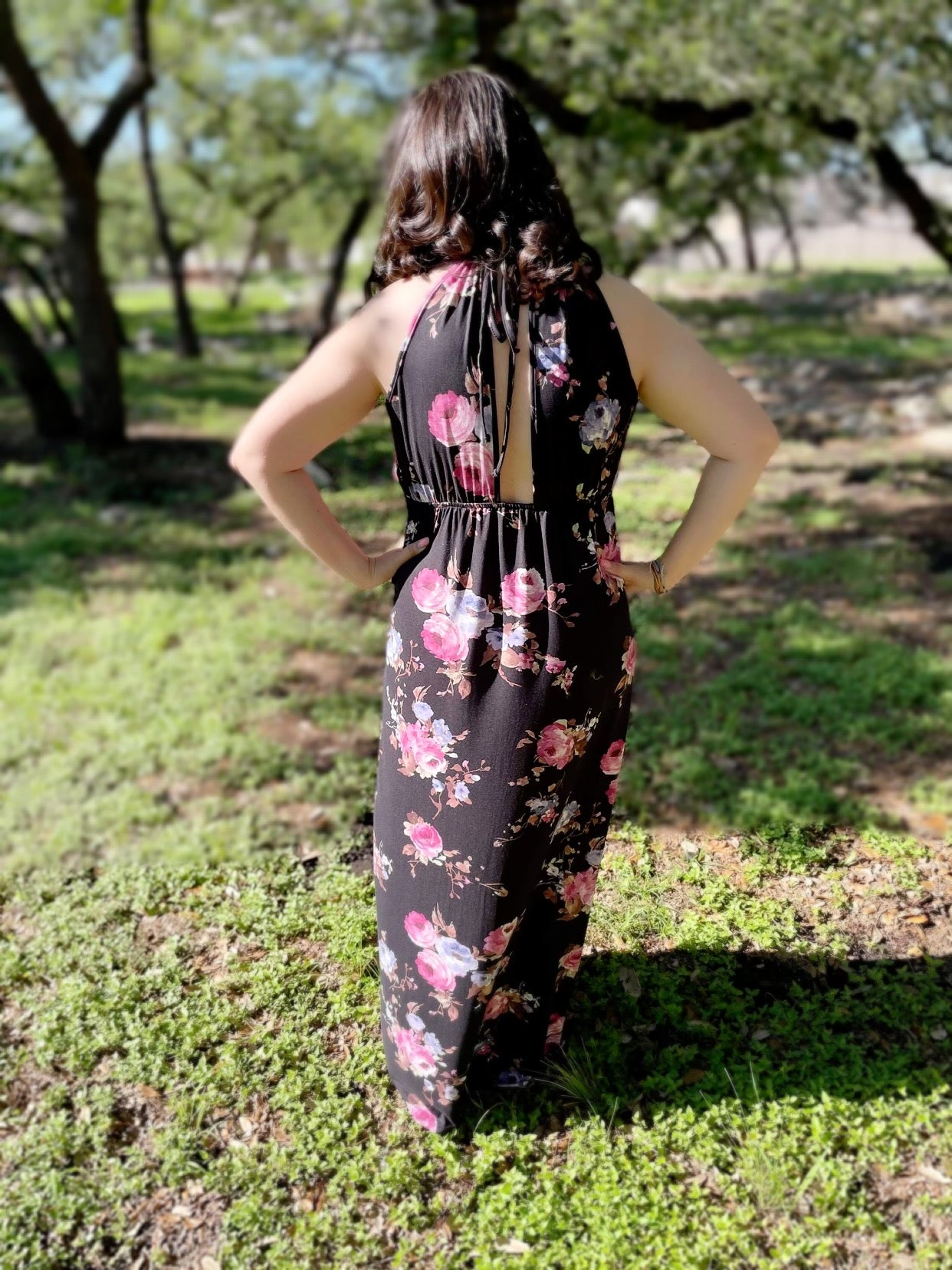 Adjustable floral maxi dress with open back