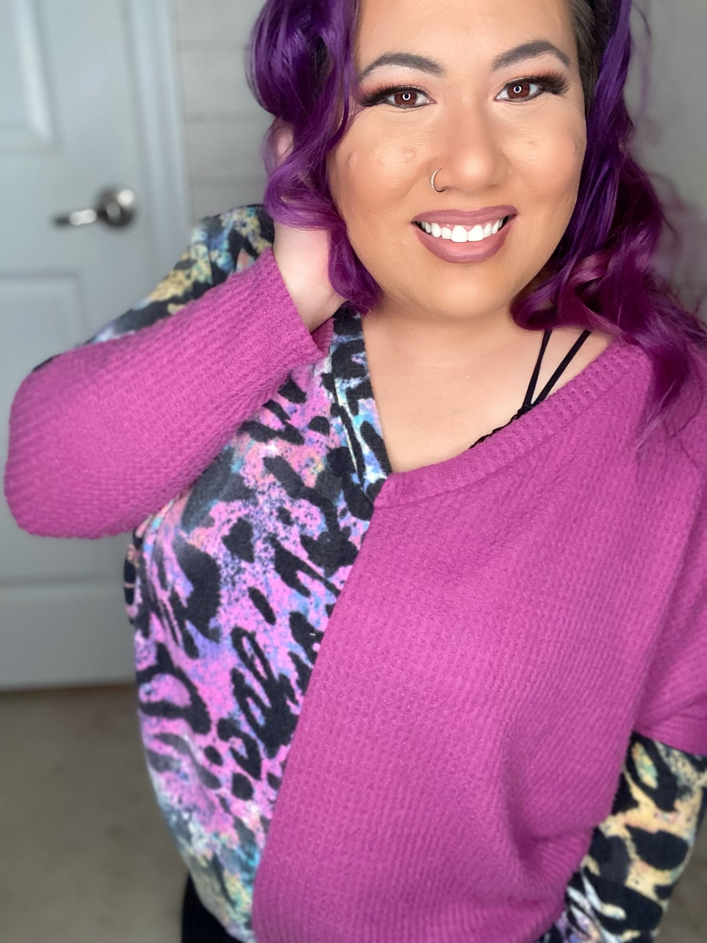 Fuchsia animal print split sweatshirt